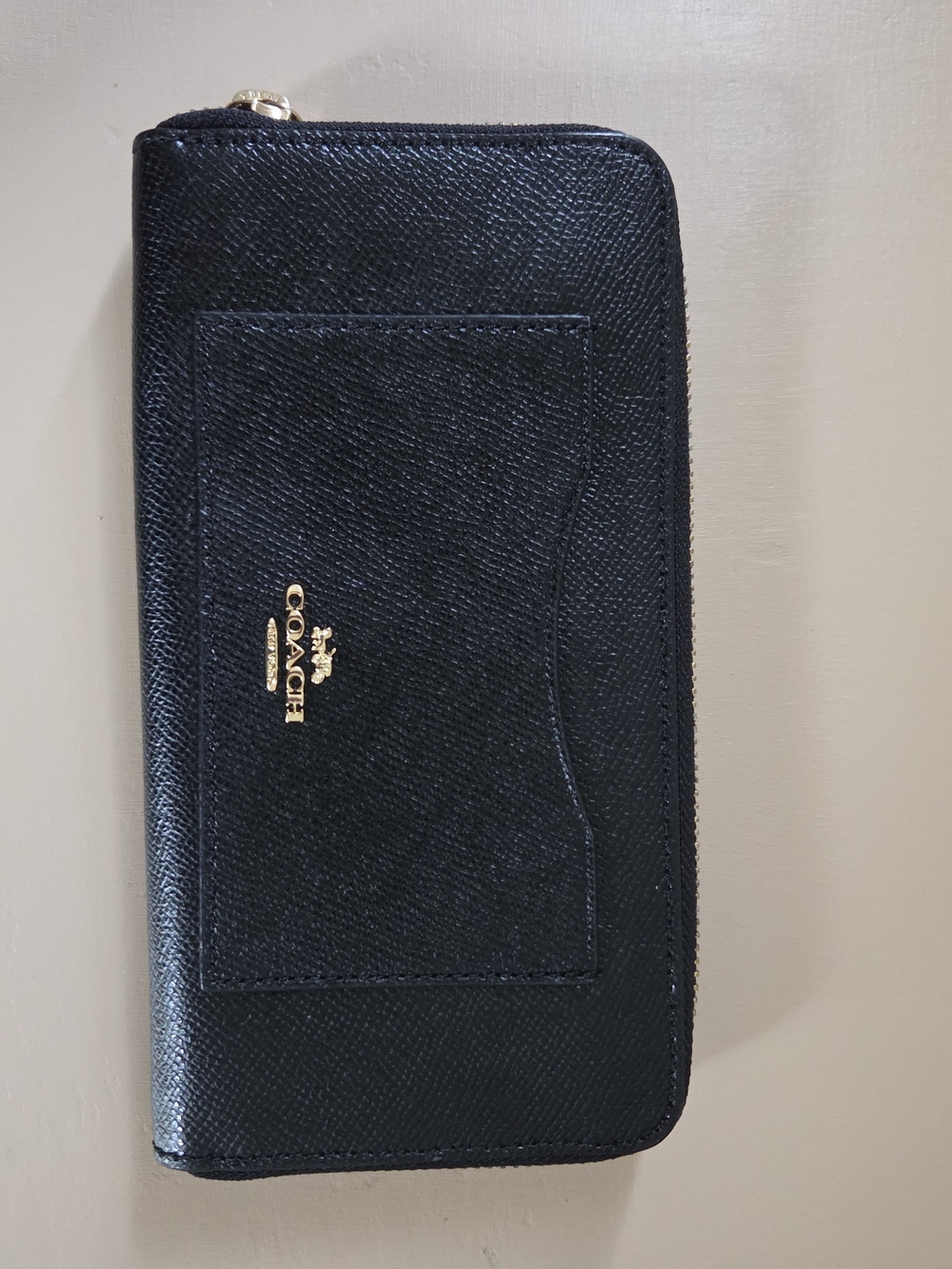 Coach F54007 Black Zip Around Leather Wallet with Card Slots Quiet Luxury